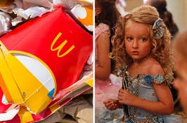 McDonald's garbage and a little girl in a beauty pageant