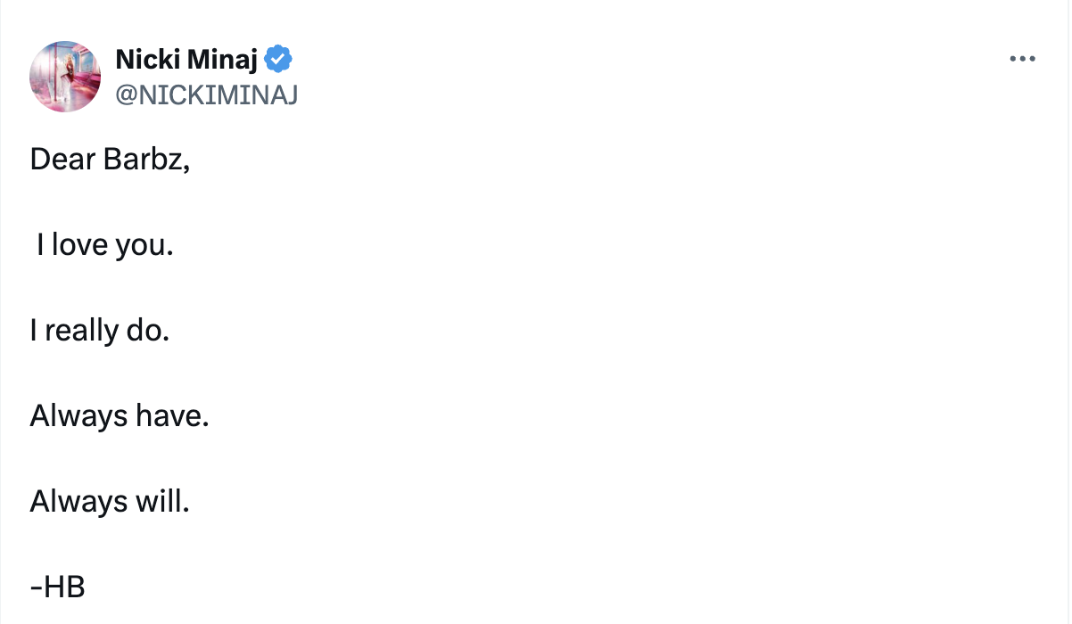 Screenshot of a tweet by Nicki Minaj, expressing love for her fans, signed with initals HB