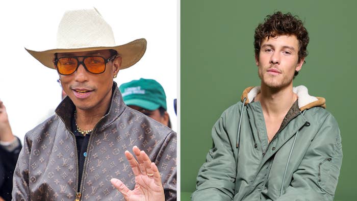 Pharrell Williams in a cowboy hat and sunglasses, Shawn Mendes in a jacket with a shearling collar.