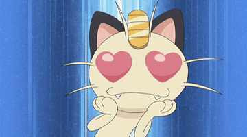 Animated character, Meowth from Pokémon, with hearts in eyes, expressing affection or excitement