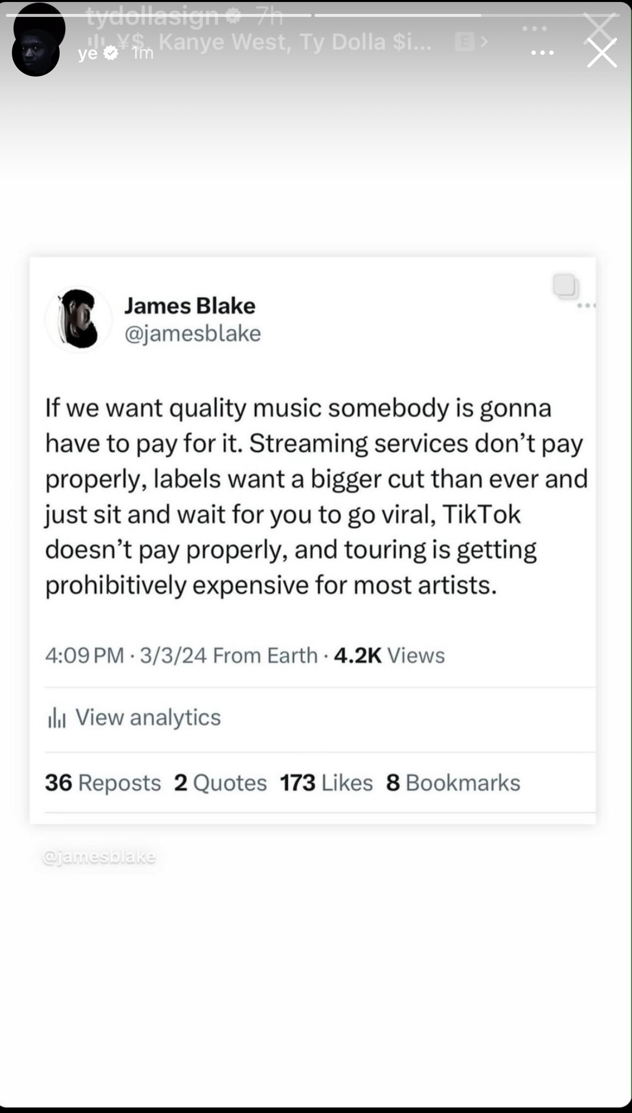 A screenshot of a tweet by James Blake discussing the challenges of streaming services and artist payment