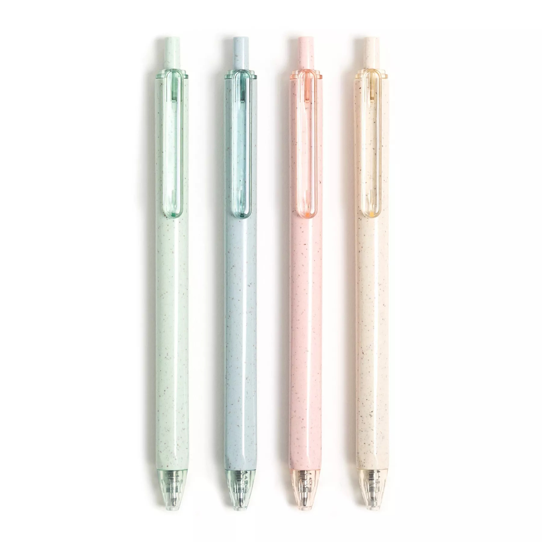 Four speckled pens in green, blue, pink, and beige, aligned vertically on a white background