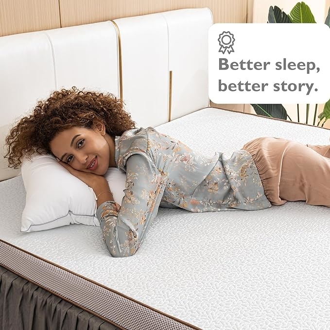 Woman lying on a bed with text &quot;Better sleep, better story.&quot; indicating a comfortable mattress for quality sleep