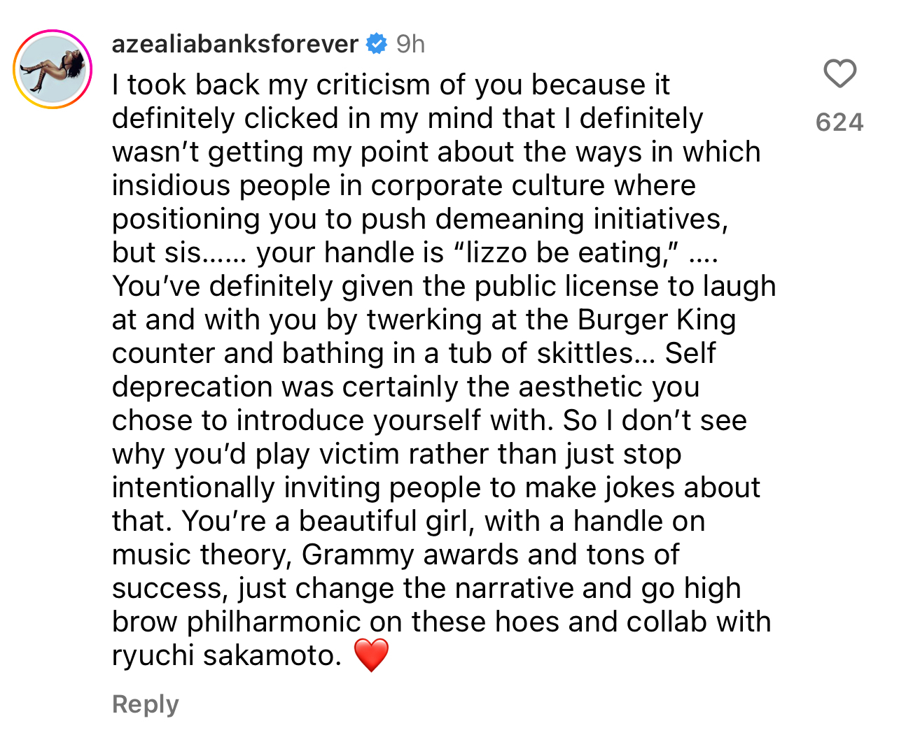 Azealia Banks posts an Instagram comment discussing her previous criticism of another individual and reflects on public personas and industry pressures