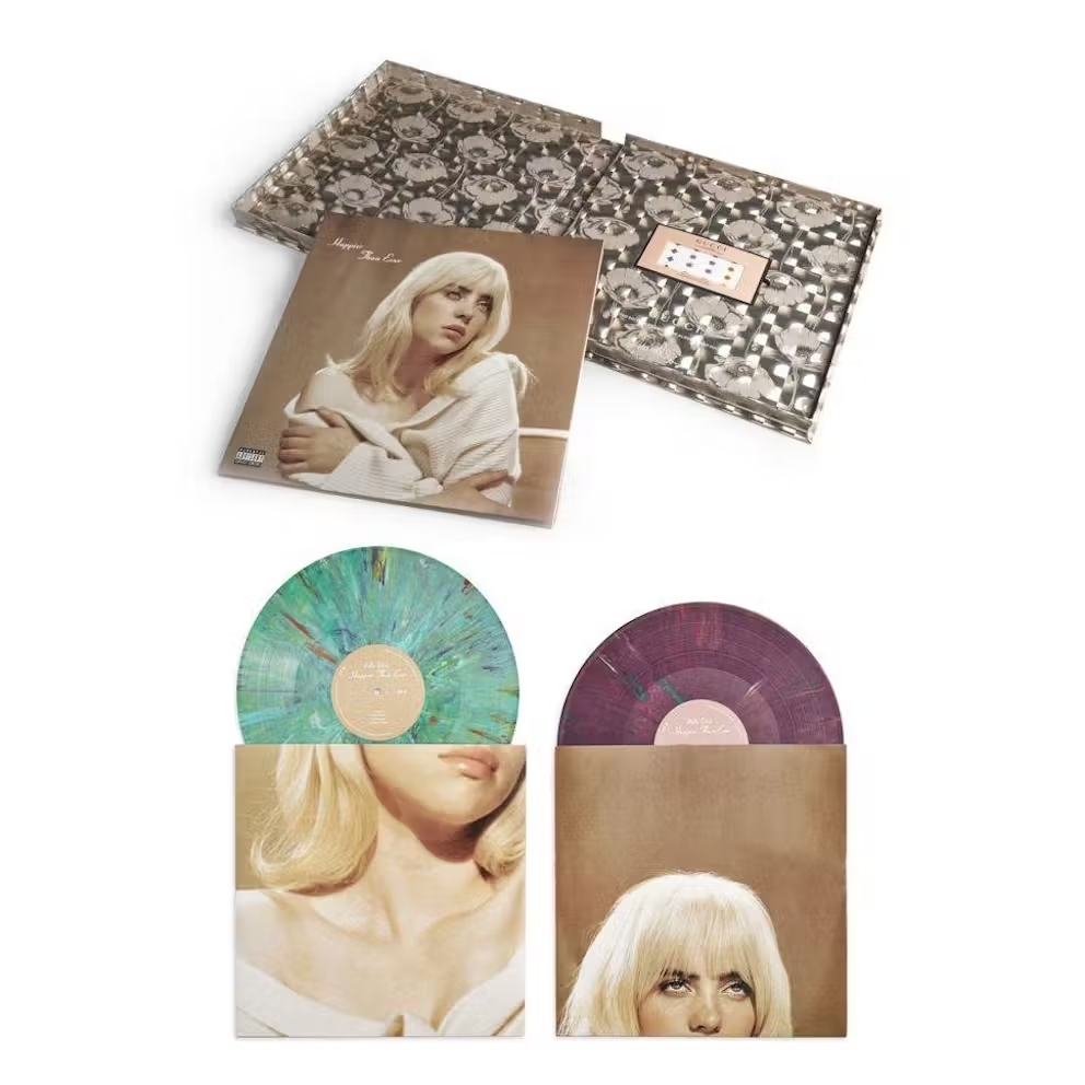 Four vinyl records and covers with an image of a blonde woman, likely a music artist, with different patterns and designs