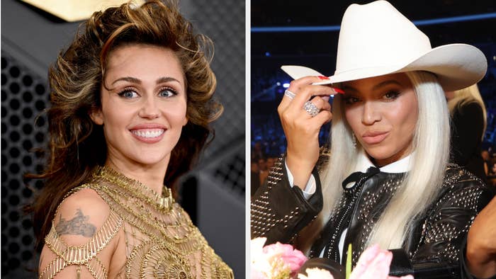 Miley Cyrus in a gold dress, Beyoncé other wearing a white hat and black top
