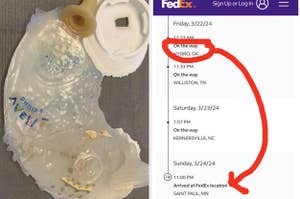 Cake with a FedEx delivery tracking screenshot, showing package in transit with times and locations