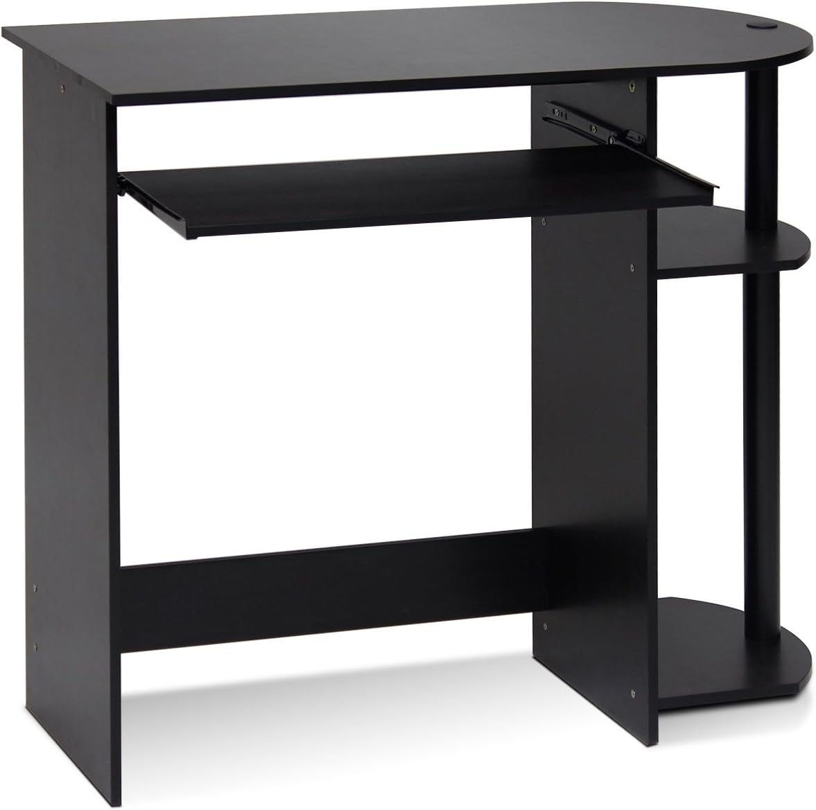 Compact black computer desk with a pull-out keyboard tray and lower shelf