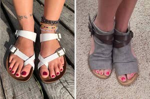 Two images of reviewers wearing sandals