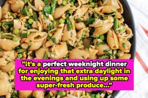 Bowl of pasta salad with text about using fresh produce for a weeknight dinner