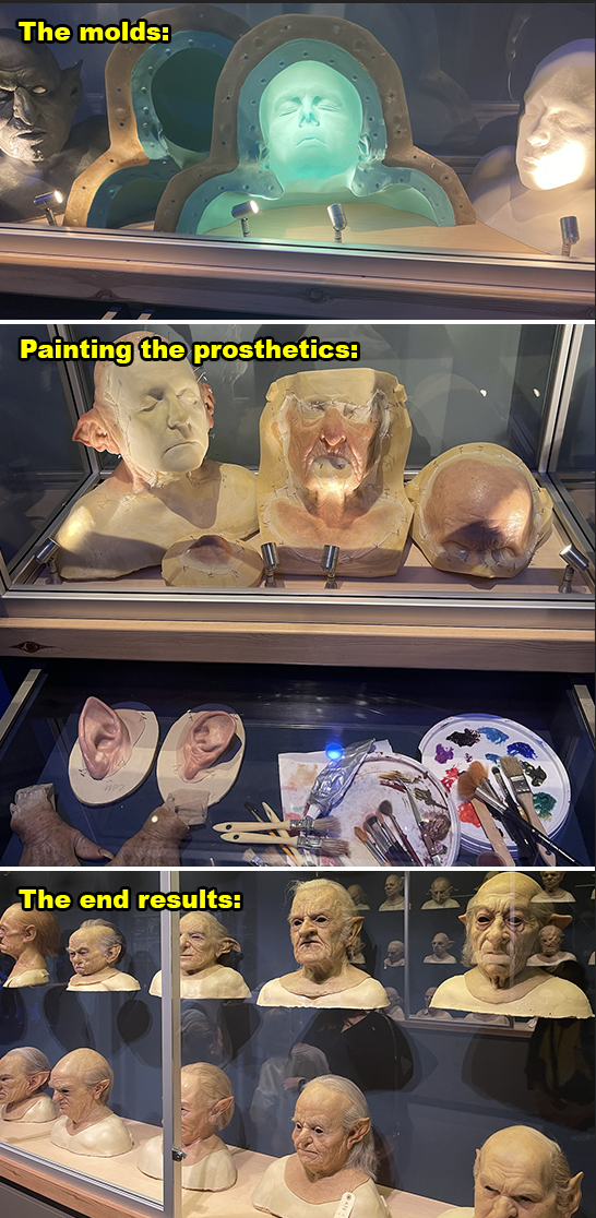 Three-step prosthetic makeup process: molds of a face, painting of prosthetics, and completed makeup on actors