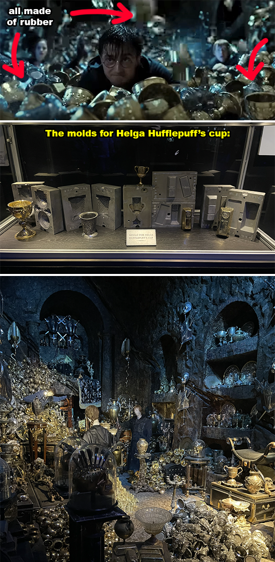 Top: Person surrounded by bubbles. Bottom: Display of Helga Hufflepuff&#x27;s cup molds and replicas. No persons are visible