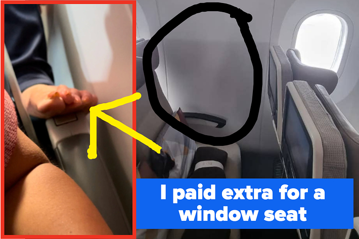 Person on a plane next to a seat indicated as a window seat, but with no actual window. Text: "I paid extra for a window seat"