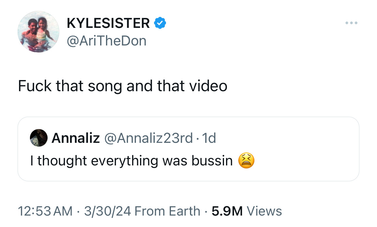 Tweet disapproving of a song and its video, replying to a positive comment. 5.9M views noted