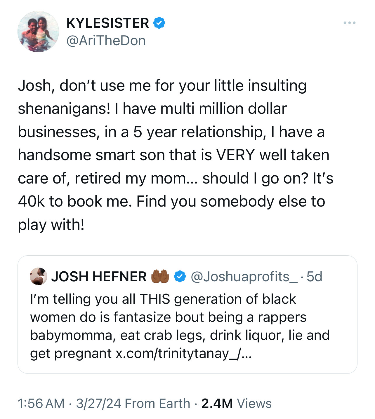 Tweet exchange about not using Joshua&#x27;s marketing strategy, with one party planning to retire their mom and criticizing the approach