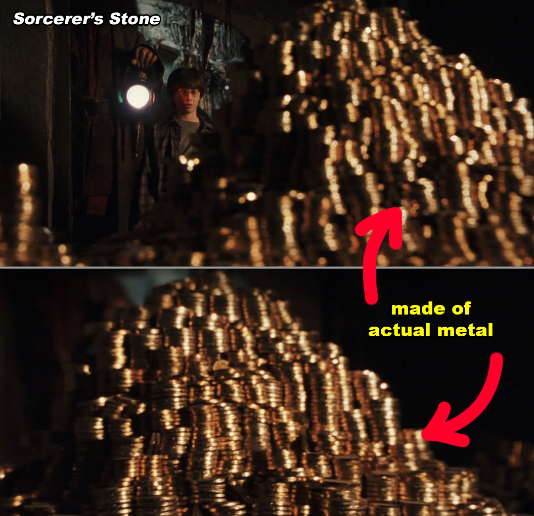 Harry Potter in a vault surrounded by piles of gold coins, illuminated by his lantern. Text indicating &quot;actual metal.&quot;