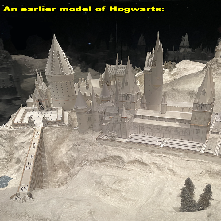 Scale model of Hogwarts Castle from Harry Potter series, displayed with visitors in background
