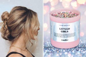to the left: a claw clip, to the right: a candle that says "let's go girls"