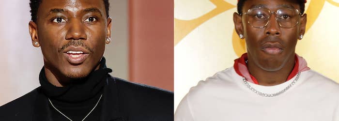 Two men posing separately, one wearing a black turtleneck and necklaces, the other in a pink Phillies cap and glasses