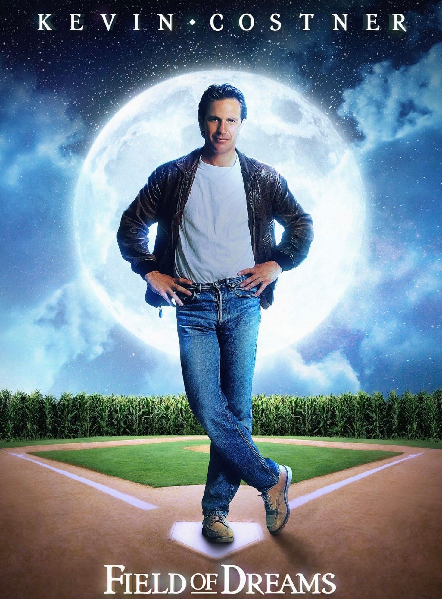 Kevin Costner stands on a baseball diamond with a moon backdrop for &quot;Field of Dreams&quot; film poster