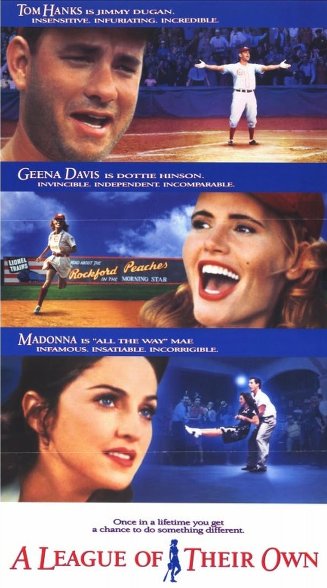 Movie poster for &quot;A League of Their Own&quot; featuring actors Tom Hanks, Geena Davis, Madonna, and a scene of women playing baseball