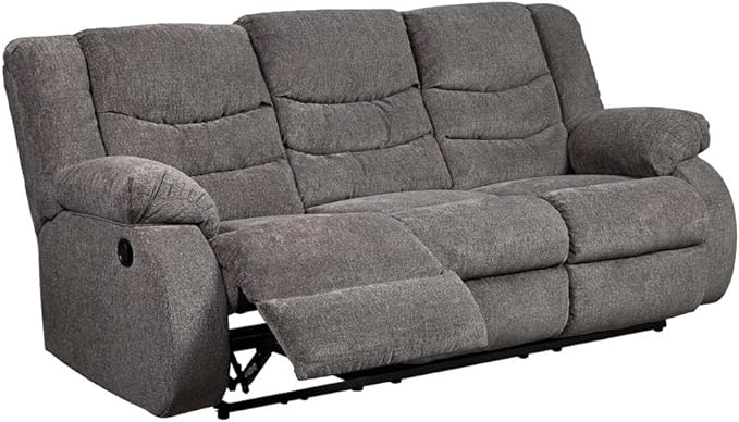 Gray upholstered reclining sofa with three cushioned seats and armrests