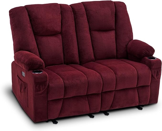 Double recliner with plush cushioning and cup holders in the armrests, designed for comfort