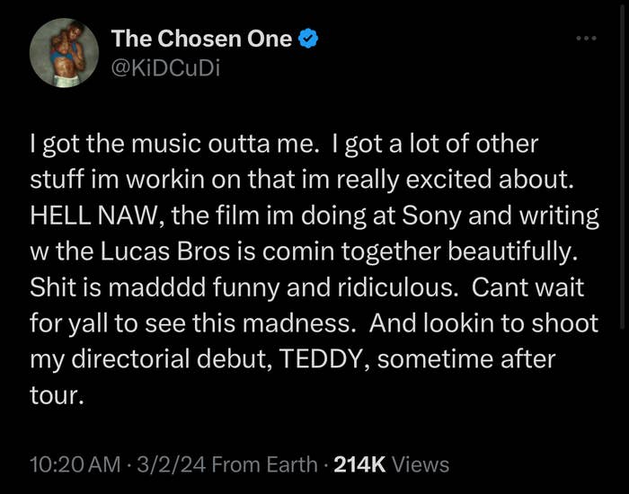 Kid Cudi shares excitement about music, new projects, and an upcoming film &#x27;TEDDY&#x27; in a tweet with 214K views