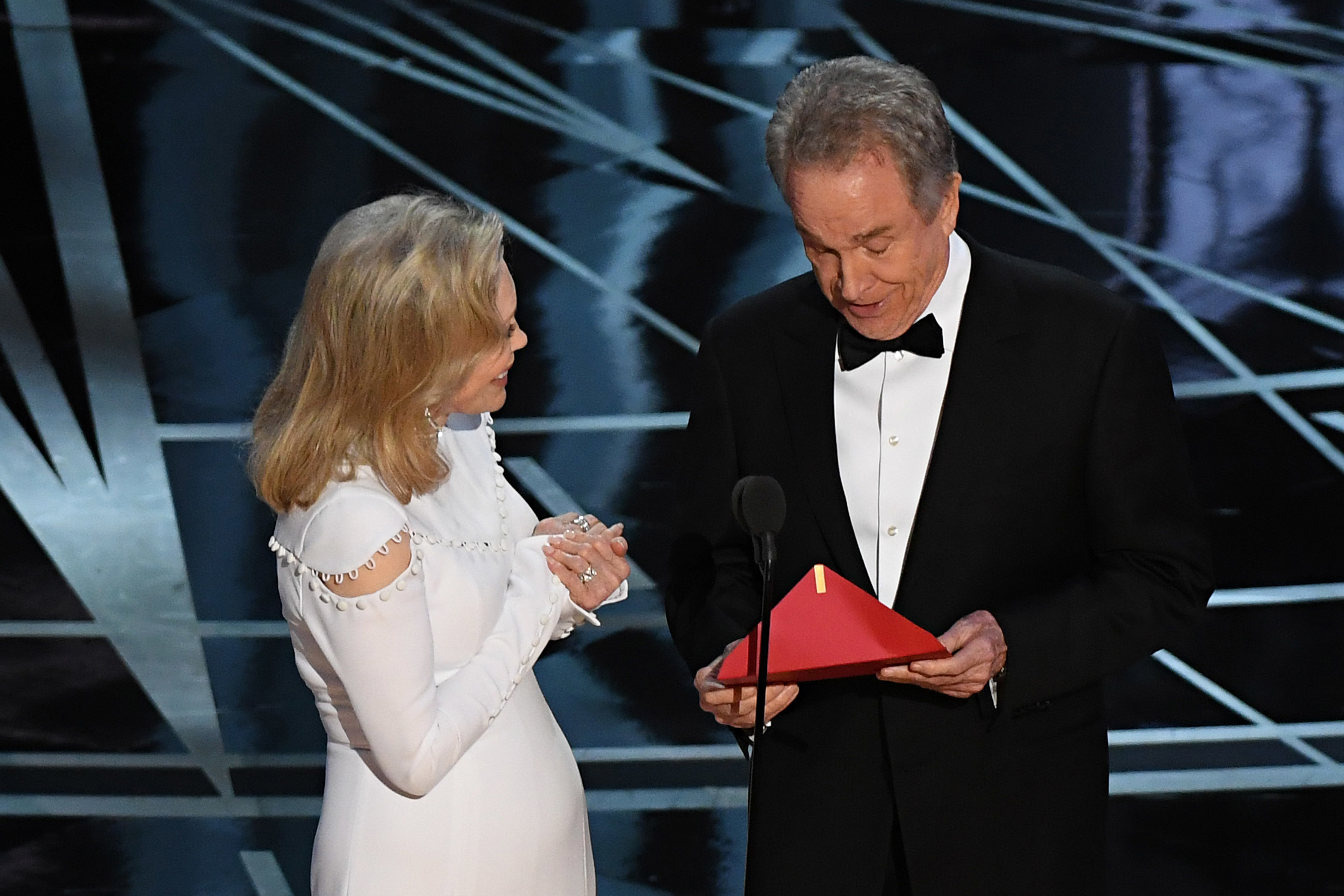 Warren Beatty onstage with Faye Dunaway at the 2017 Oscars