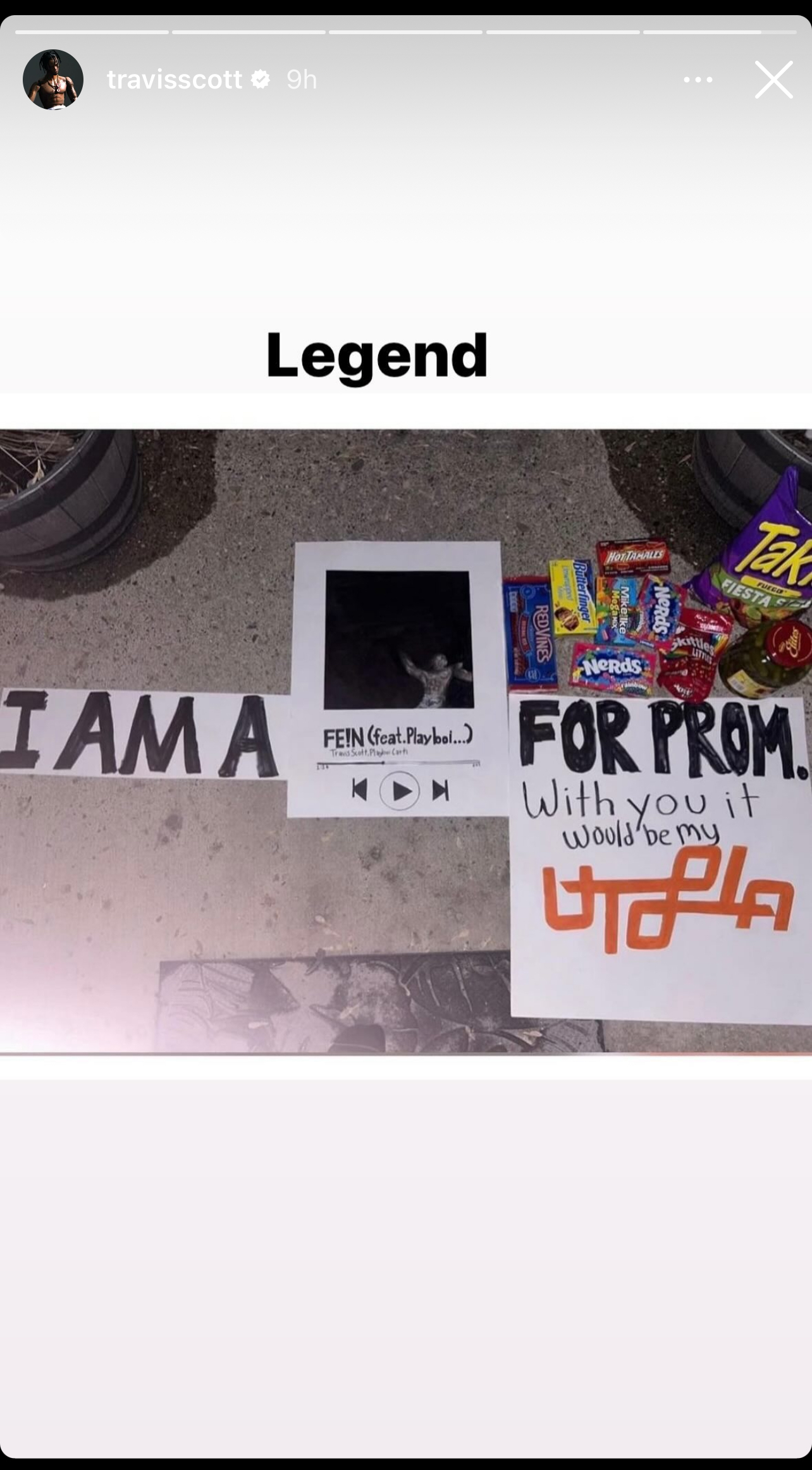 Travis Scott&#x27;s Instagram story with a promposal and snacks