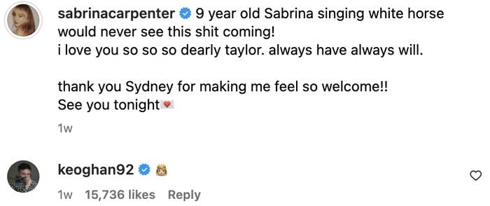 Instagram post by Sabrina Carpenter expressing love for Taylor Swift since she was 9 years old, with a response with the queen icon from Barry