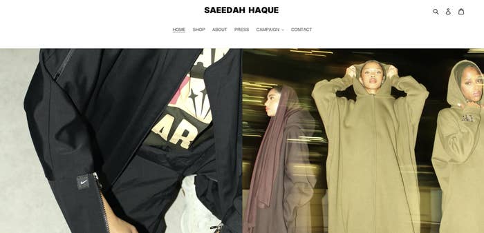 Saeedah Haque website homepage featuring a collage of models in modest fashion wear