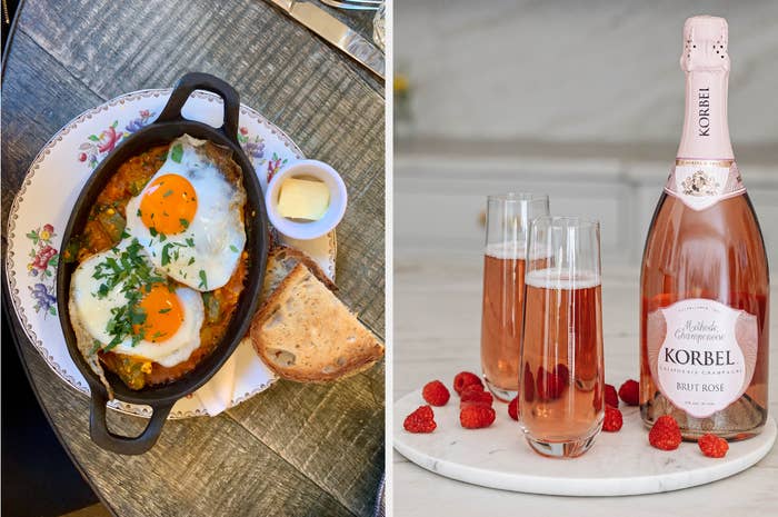 Left image: skillet with eggs and toast on a plate. Right image: champagne and raspberries beside two filled glasses