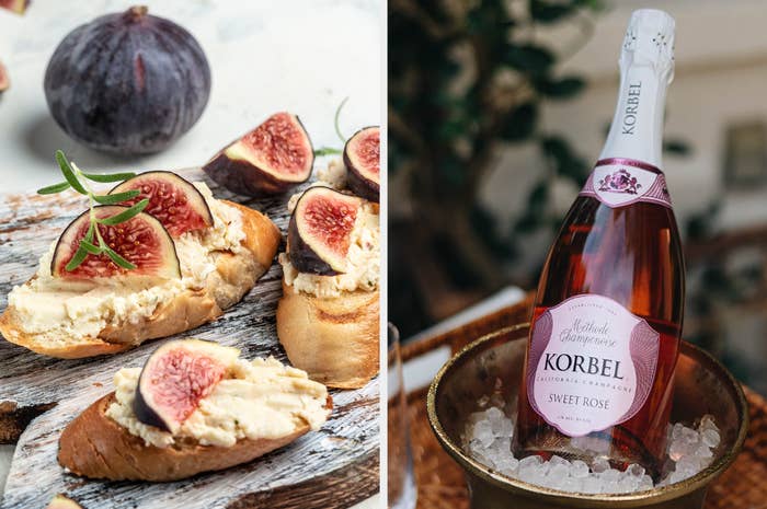 Left image: bruschetta with fig slices. Right image: a bottle of Korbel Sweet Rosé champagne on ice
