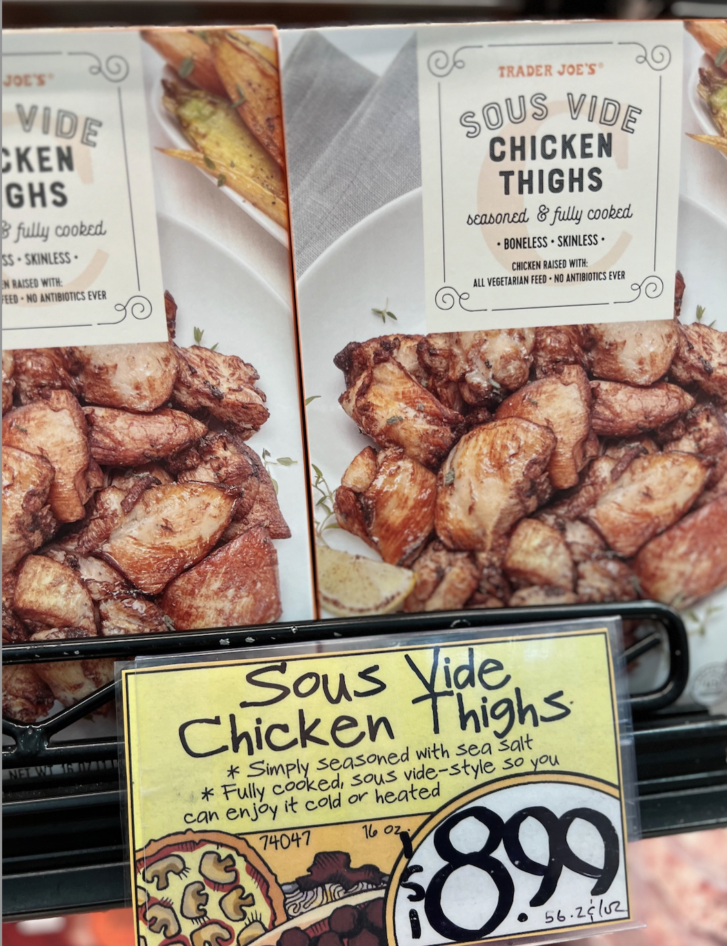 Packaged Sous Vide Chicken Thighs at a grocery store, price label showing $8.99