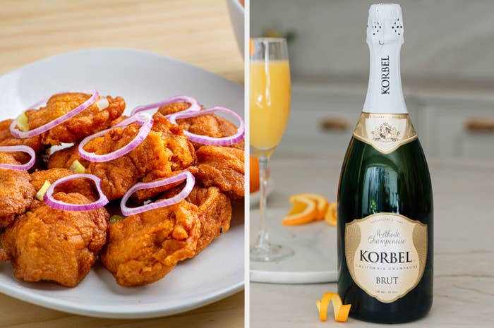 Left image: a plate of African bean fritters. Right image: A bottle of Korbel champagne