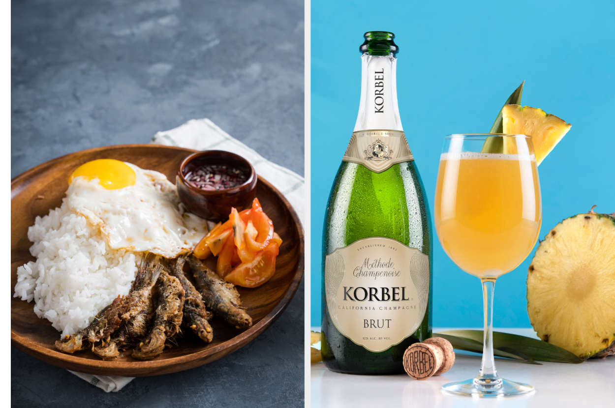 Left image: a plate with rice, egg, and fish. Right image: a bottle of Korbel Brut with a glass of mimosa