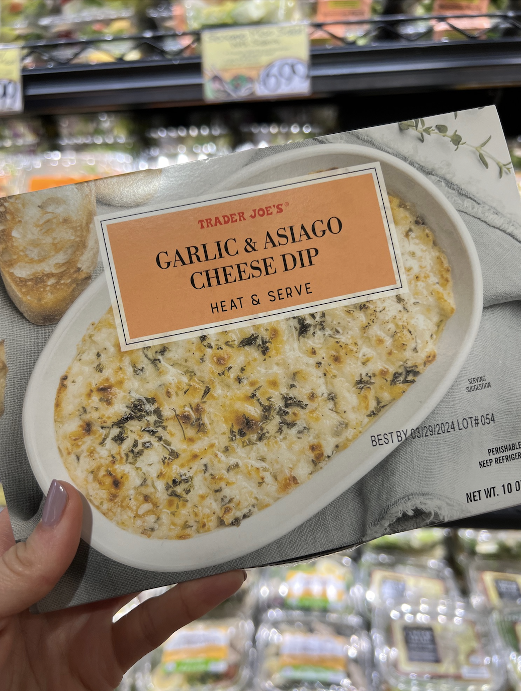 Hand holding a Trader Joe&#x27;s Garlic &amp;amp; Asiago Cheese Dip container over a grocery store refrigerator shelf