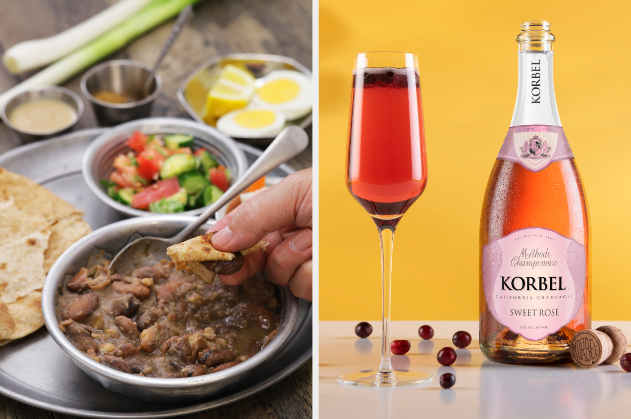 Left image: a bowl of ful medames. Right image: a bottle of Korbel Sweet Rosé
