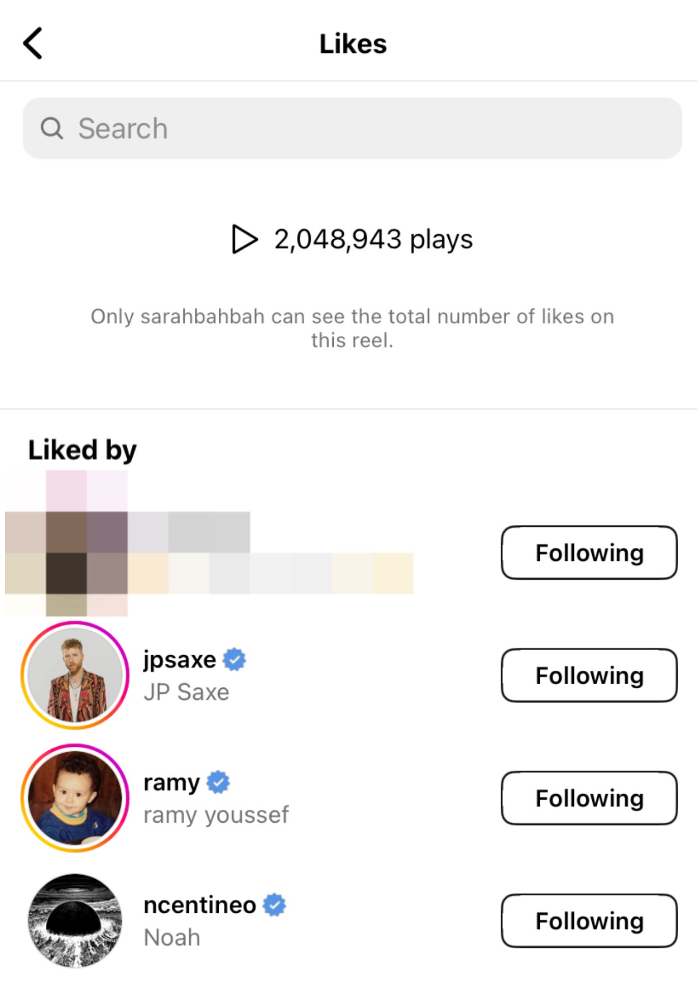 Screenshot of a social media app showing a post with over 2,000 likes and the three mentioned celeb user profiles who liked it