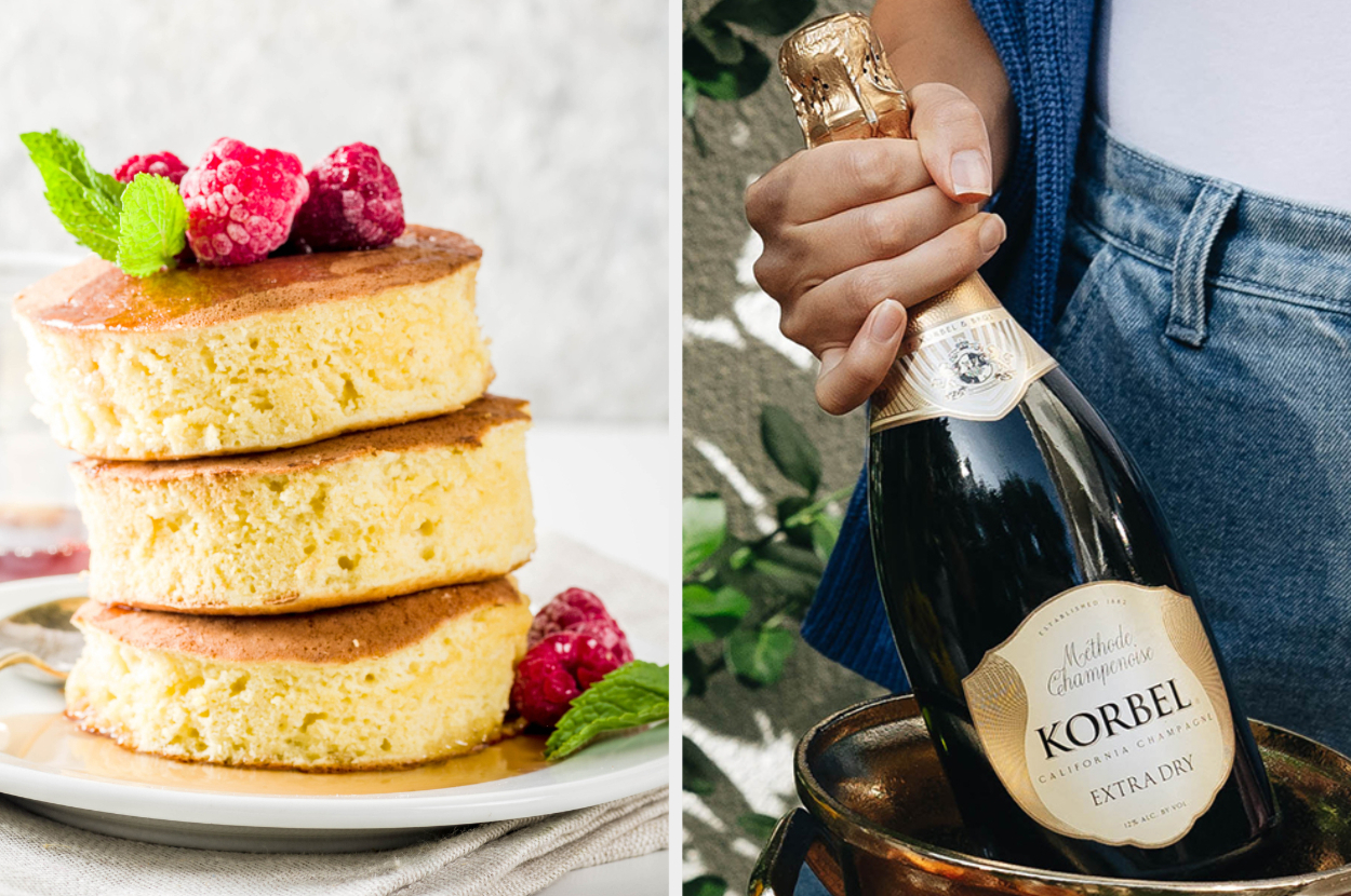 Left image: a stack of pancakes with raspberries. Right image: a Korbel champagne bottle