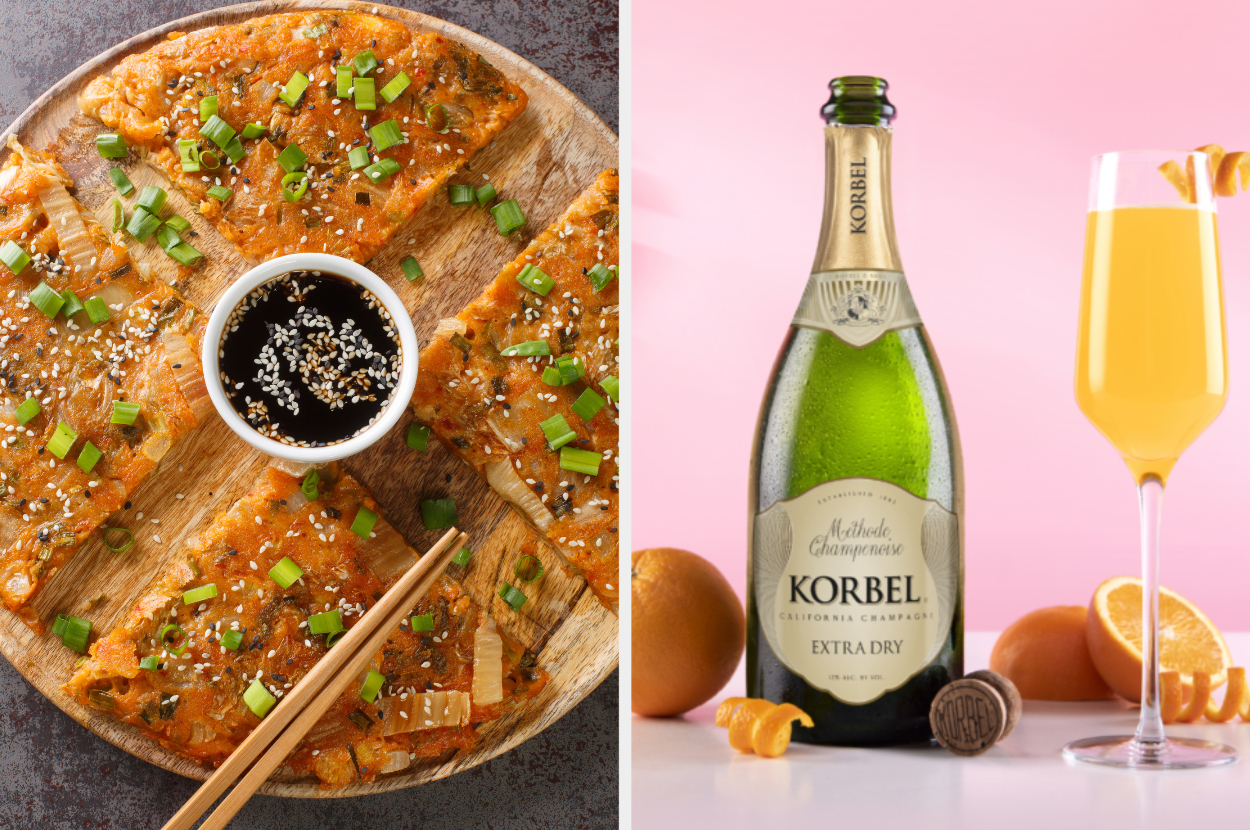 Left image: a wooden platter of kimchi pancakes. Right image: a bottle of Korbel champagne and oranges