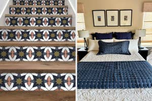 on left: colorful removable peel-and-stick stair tiles. on right: navy pillow and blanket on white bed