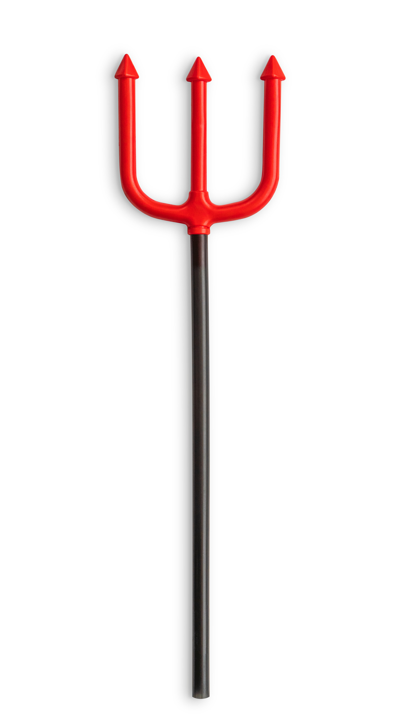 Plastic trident with red prongs and black handle, resembling a prop for a costume