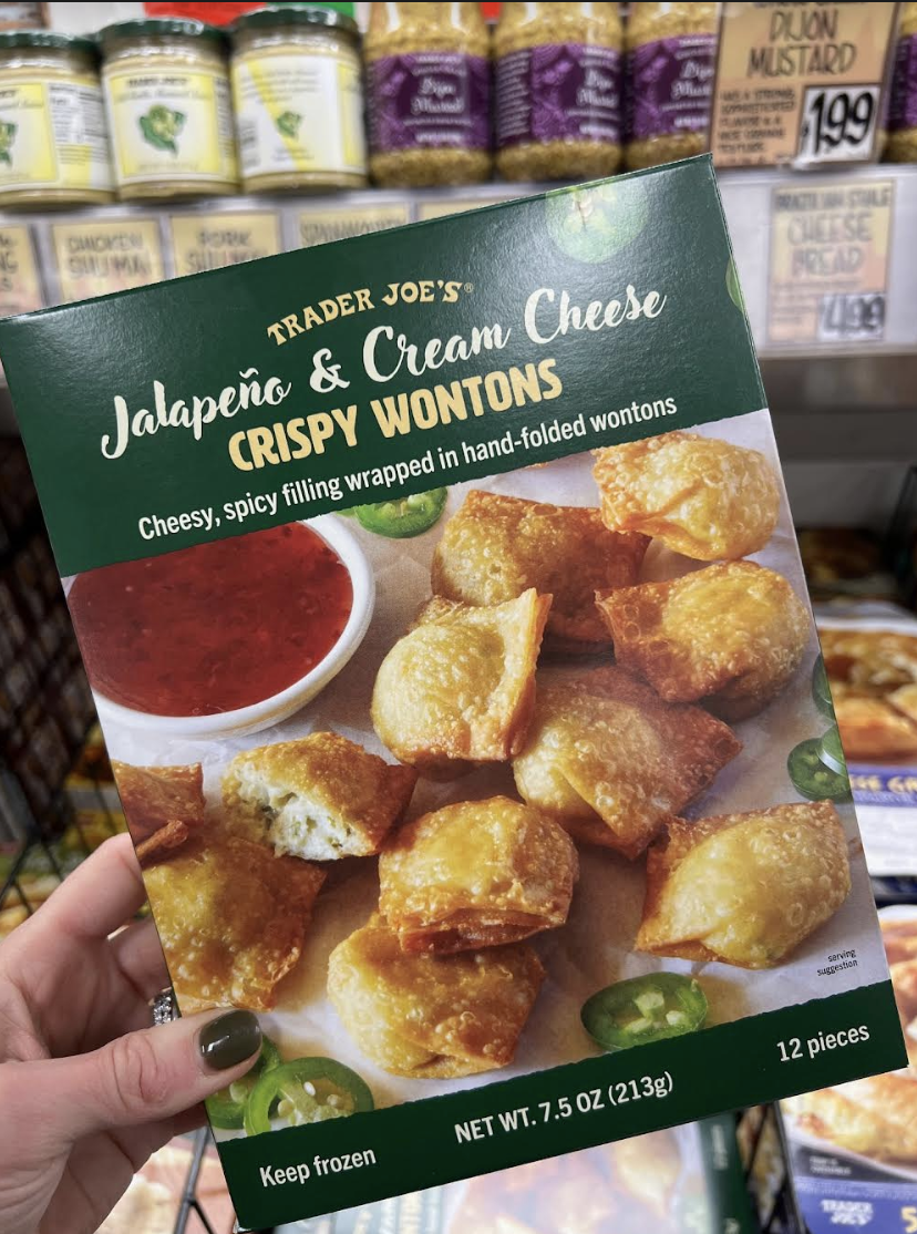 Packaging of Trader Joe&#x27;s Jalapeño &amp;amp; Cream Cheese Crispy Wontons with text and image of the product