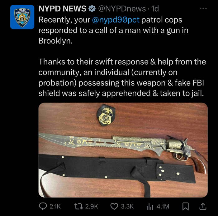 NYPD tweet showing confiscated weapon and fake FBI badge; person with these items was apprehended