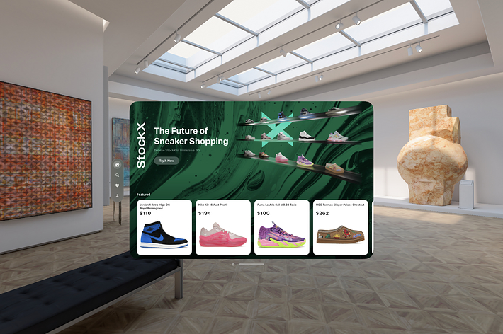 Advertisement of various sneakers with prices displayed on a large screen in a modern gallery setting