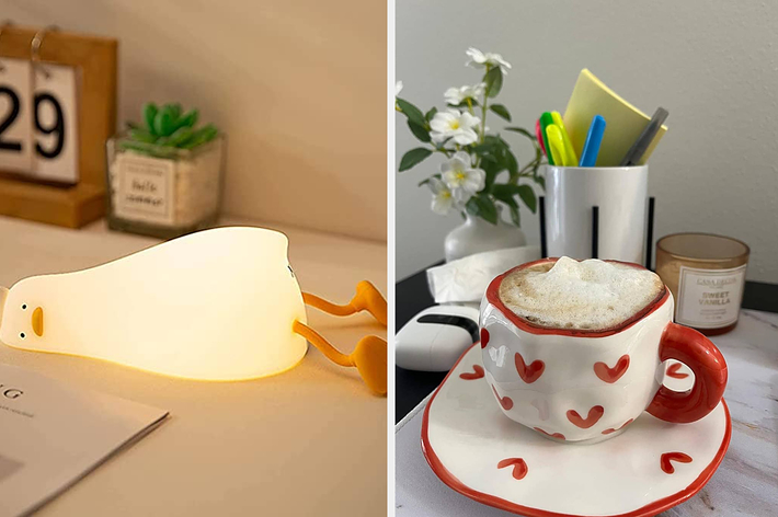 a collapsed duck lamp and handmade lumpy cup and saucer