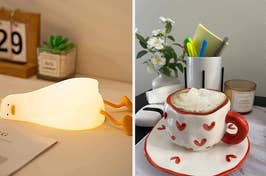a collapsed duck lamp and handmade lumpy cup and saucer