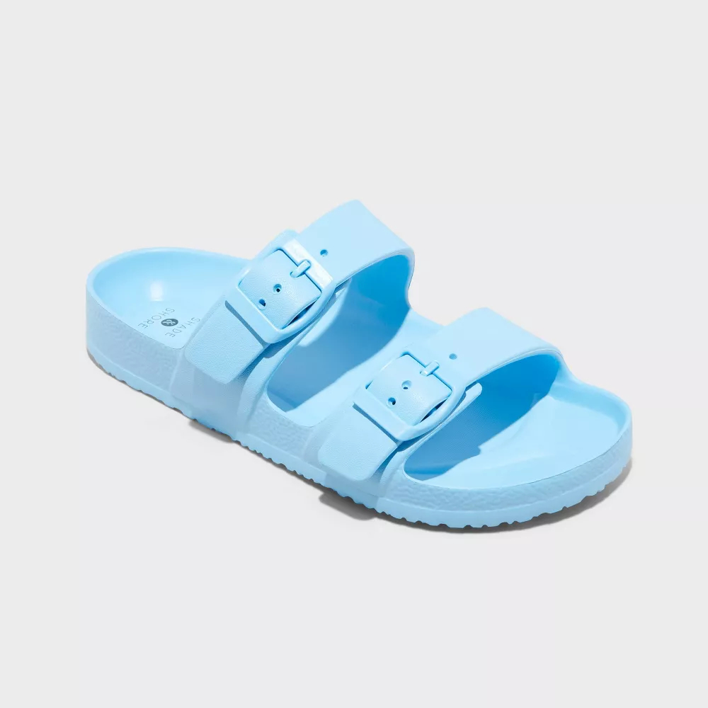 Blue double-buckle slide sandal on a plain surface. Suitable for casual wear